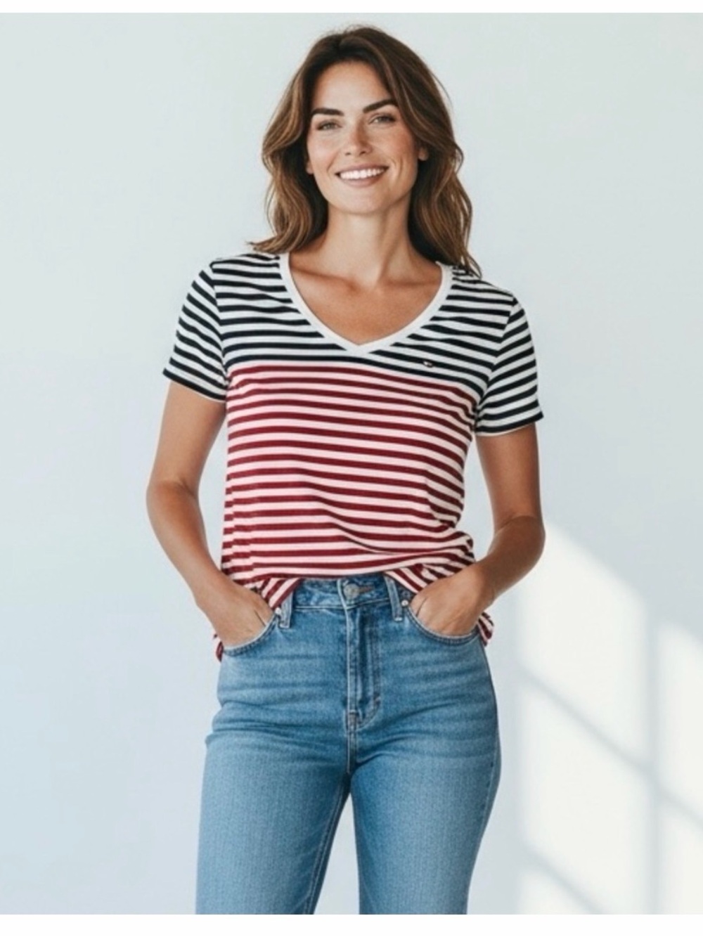 Tommy Hilfiger Red & Navy Striped V‑Neck Tee